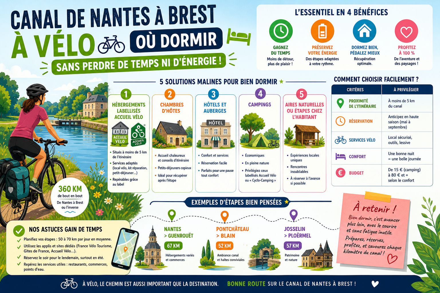 Infographie : Canal de Nantes à Brest à vélo où dormir sans perdre de temps ni d'énergie
