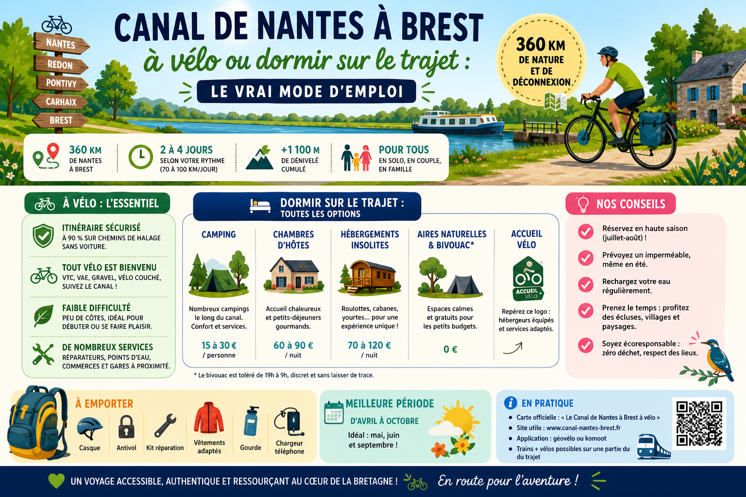 Infographie : Canal de Nantes à Brest à vélo ou dormir sur le trajet : le vrai mode d'emploi
