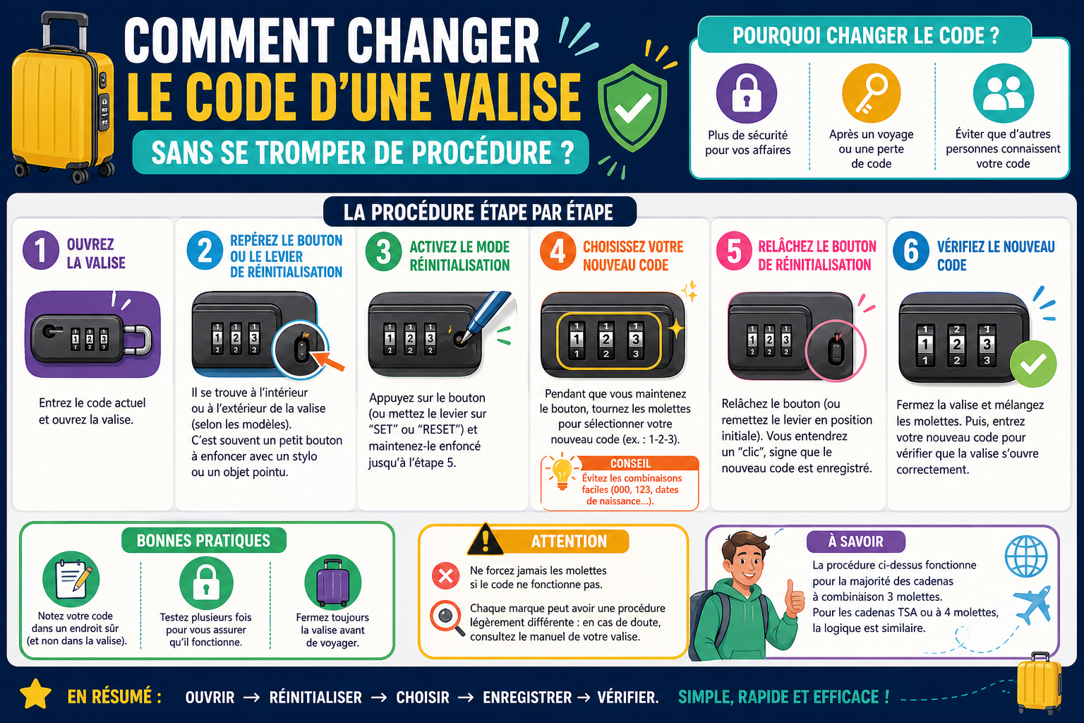 Infographie : Comment changer le code d'une valise sans se tromper de procédure ?