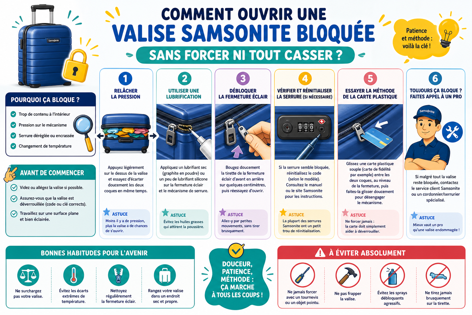 Infographie : Comment ouvrir une valise Samsonite bloquée sans forcer ni tout casser ?