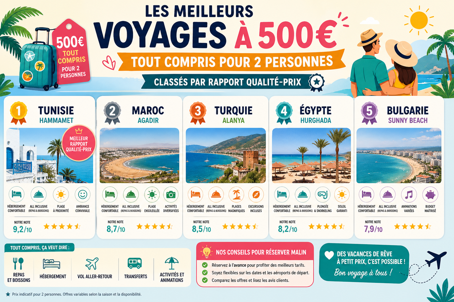 Infographie : Les meilleurs voyages à 500 euros tout compris pour 2 personnes, classés par rapport qualité-prix
