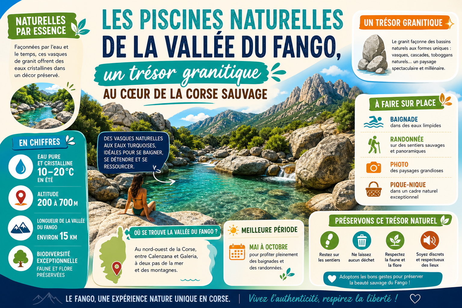 Infographie : Les piscines naturelles de la vallée du Fango, un trésor granitique au cœur de la Corse sauvage
