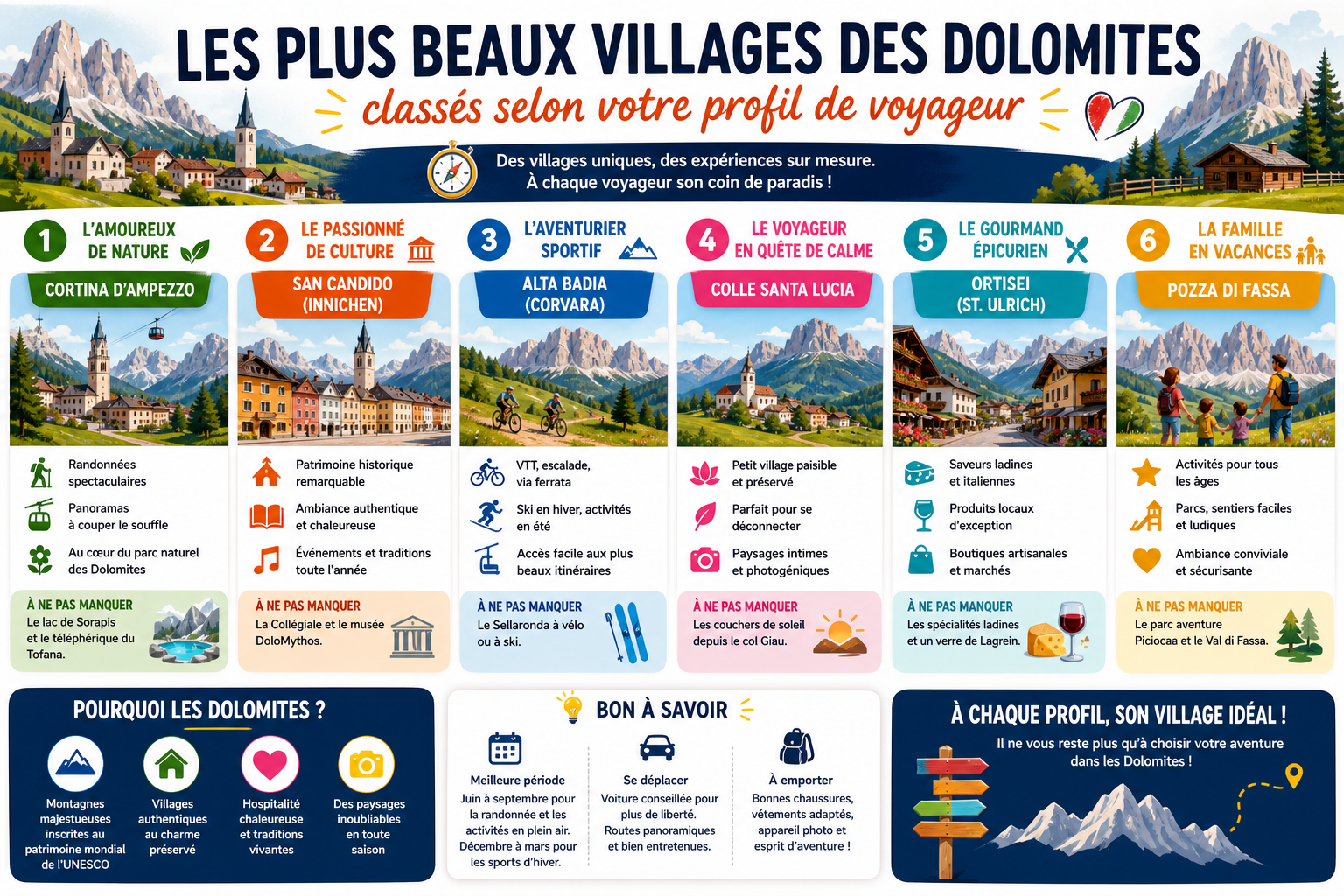 Infographie : Les plus beaux villages des Dolomites classés selon votre profil de voyageur