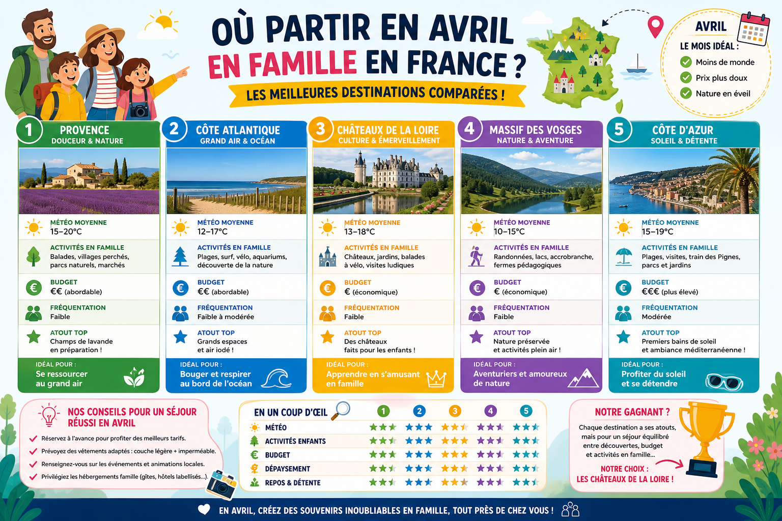 Infographie : Où partir en avril en famille en France ? Les meilleures destinations comparées ?