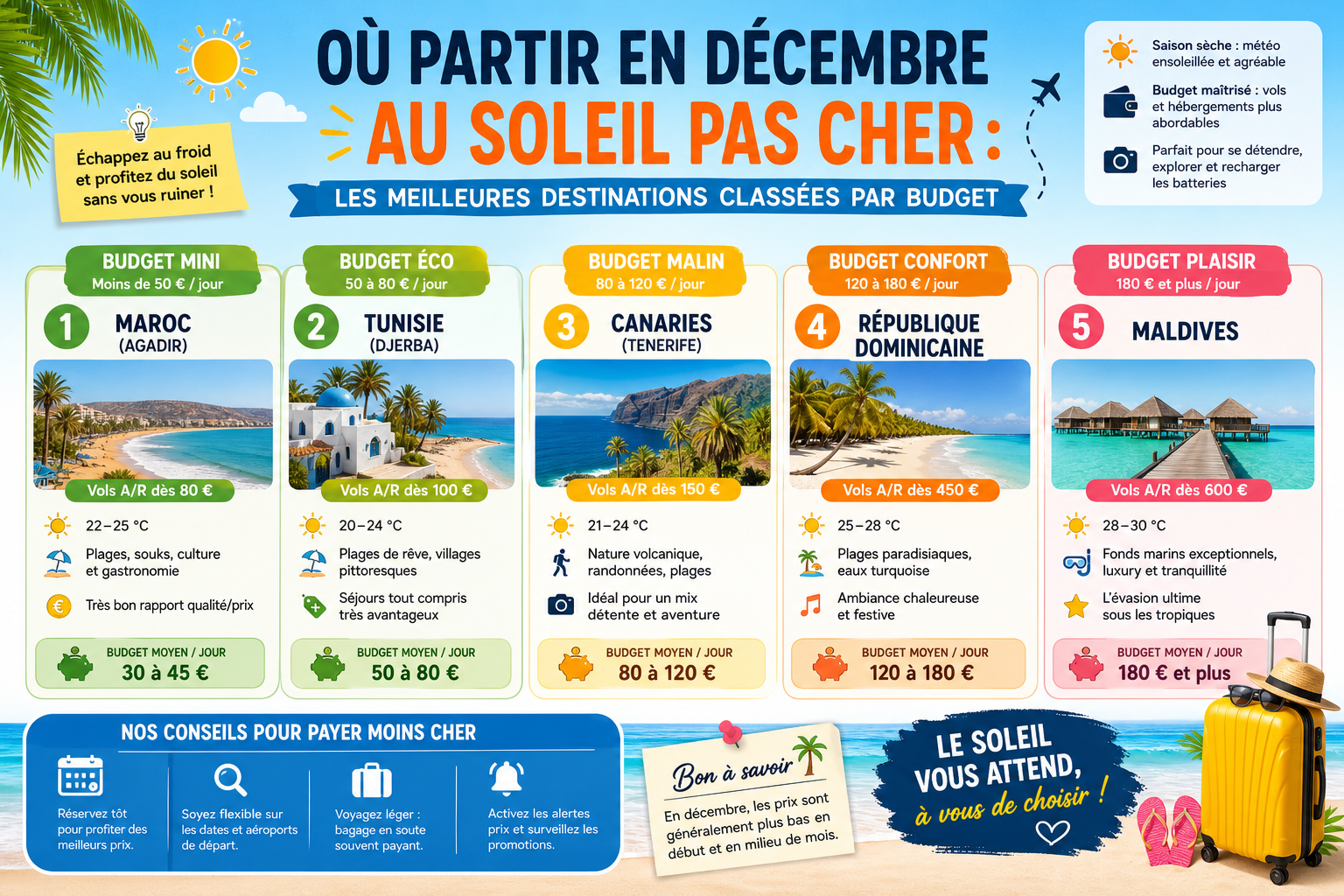Infographie : Où partir en décembre au soleil pas cher : les meilleures destinations classées par budget ?