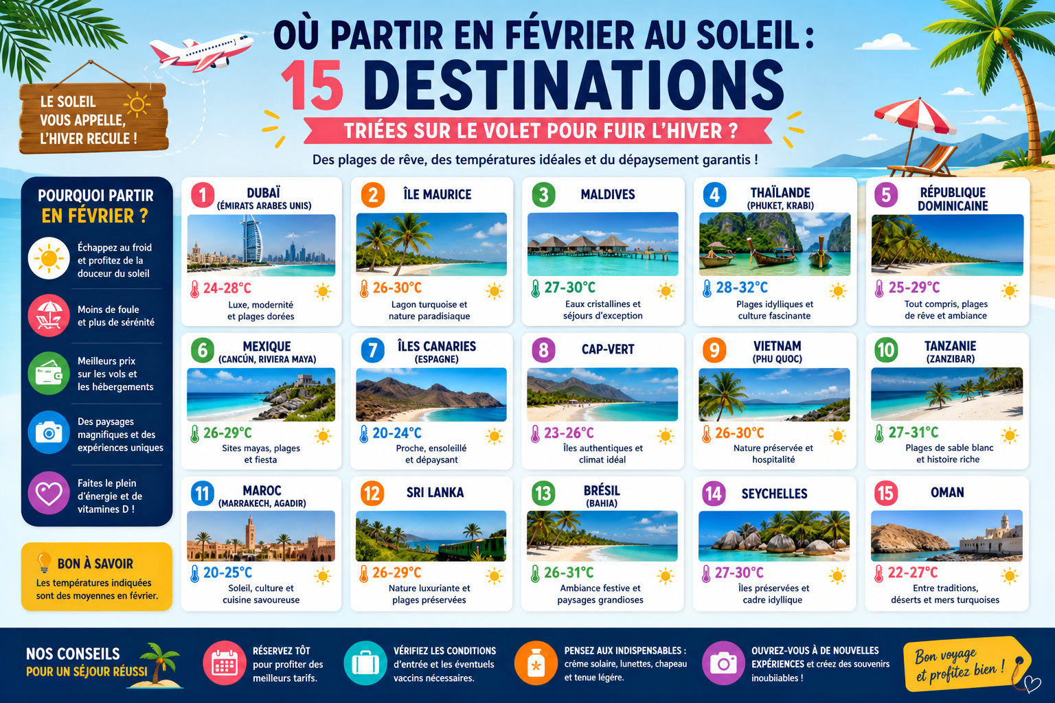 Infographie : Où partir en février au soleil : 15 destinations triées sur le volet pour fuir l'hiver ?