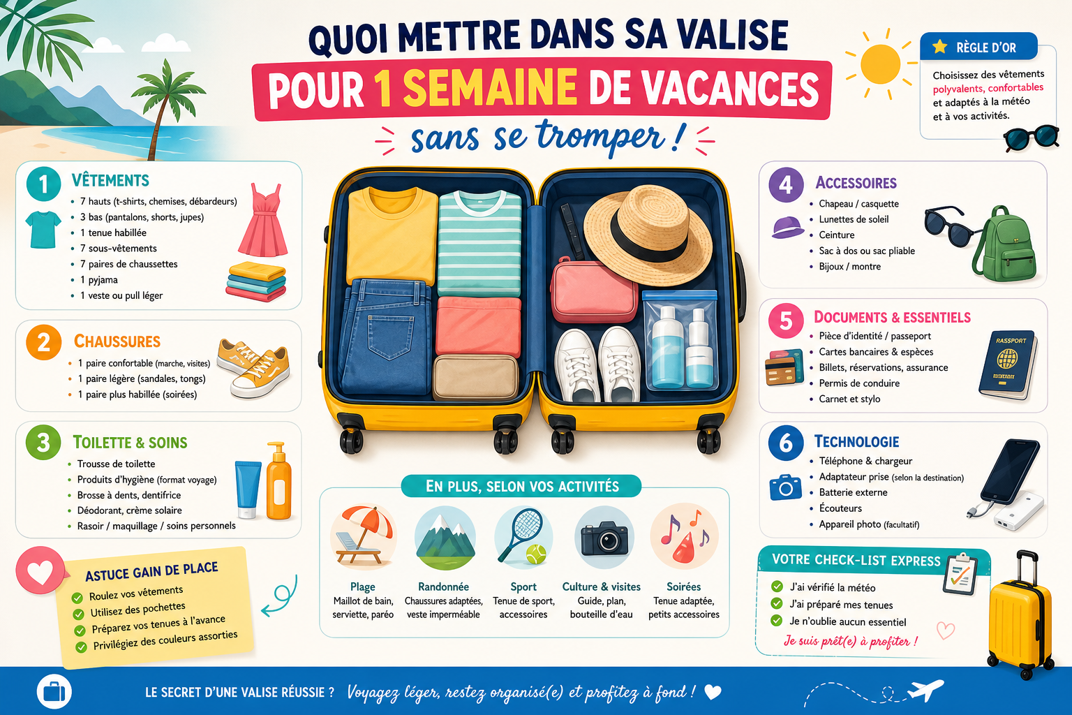Infographie : Quoi mettre dans sa valise pour 1 semaine de vacances sans se tromper