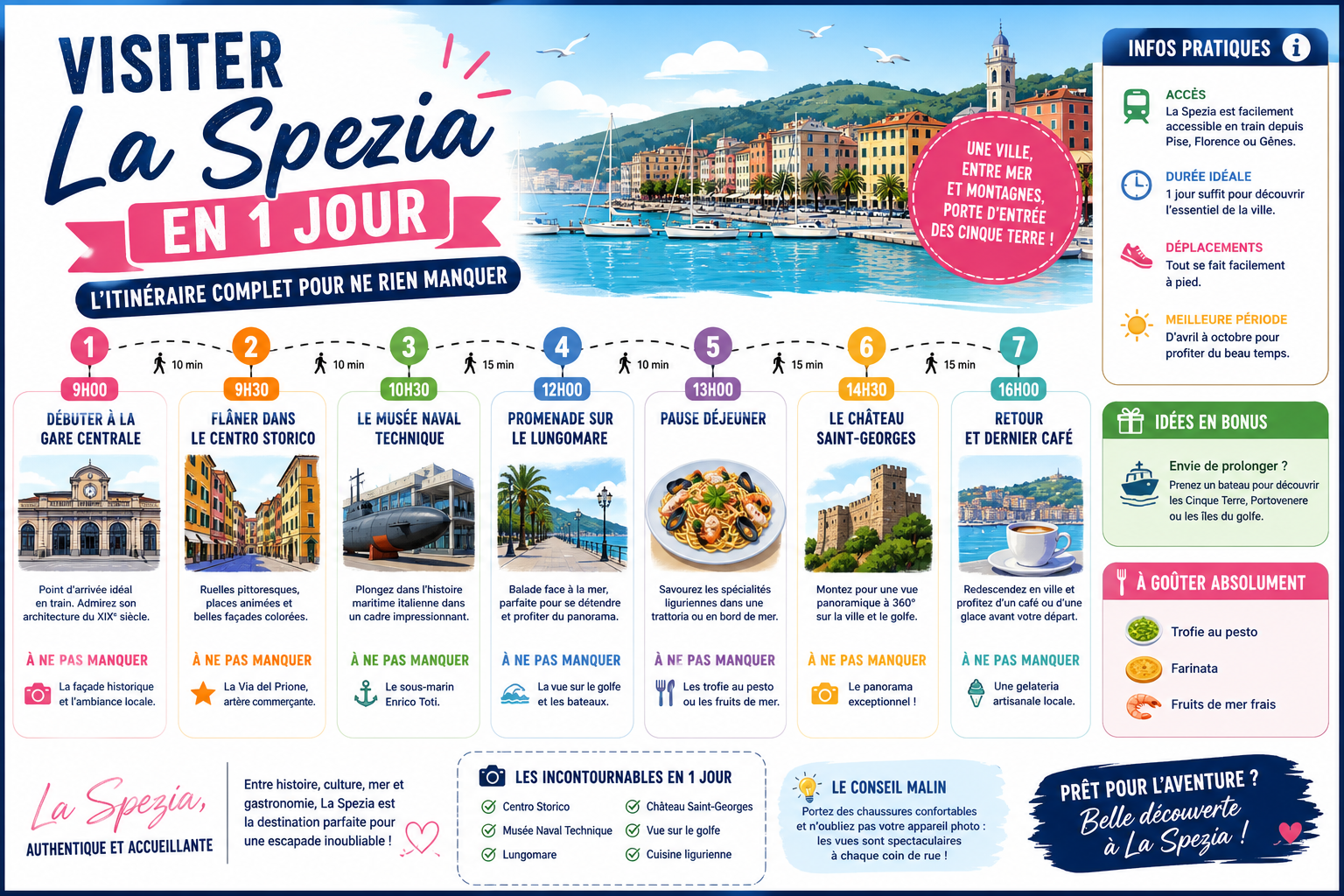 Infographie : Visiter La Spezia en 1 jour : l'itinéraire complet pour ne rien manquer