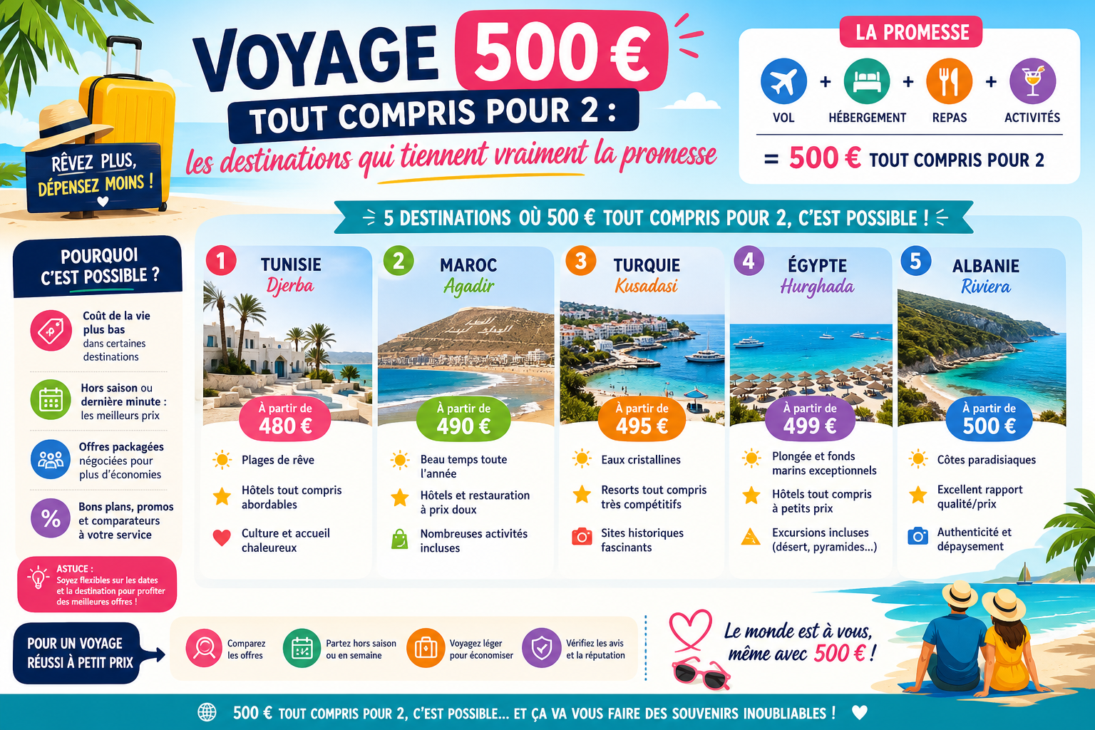 Infographie : Voyage 500 euros tout compris pour 2 : les destinations qui tiennent vraiment la promesse