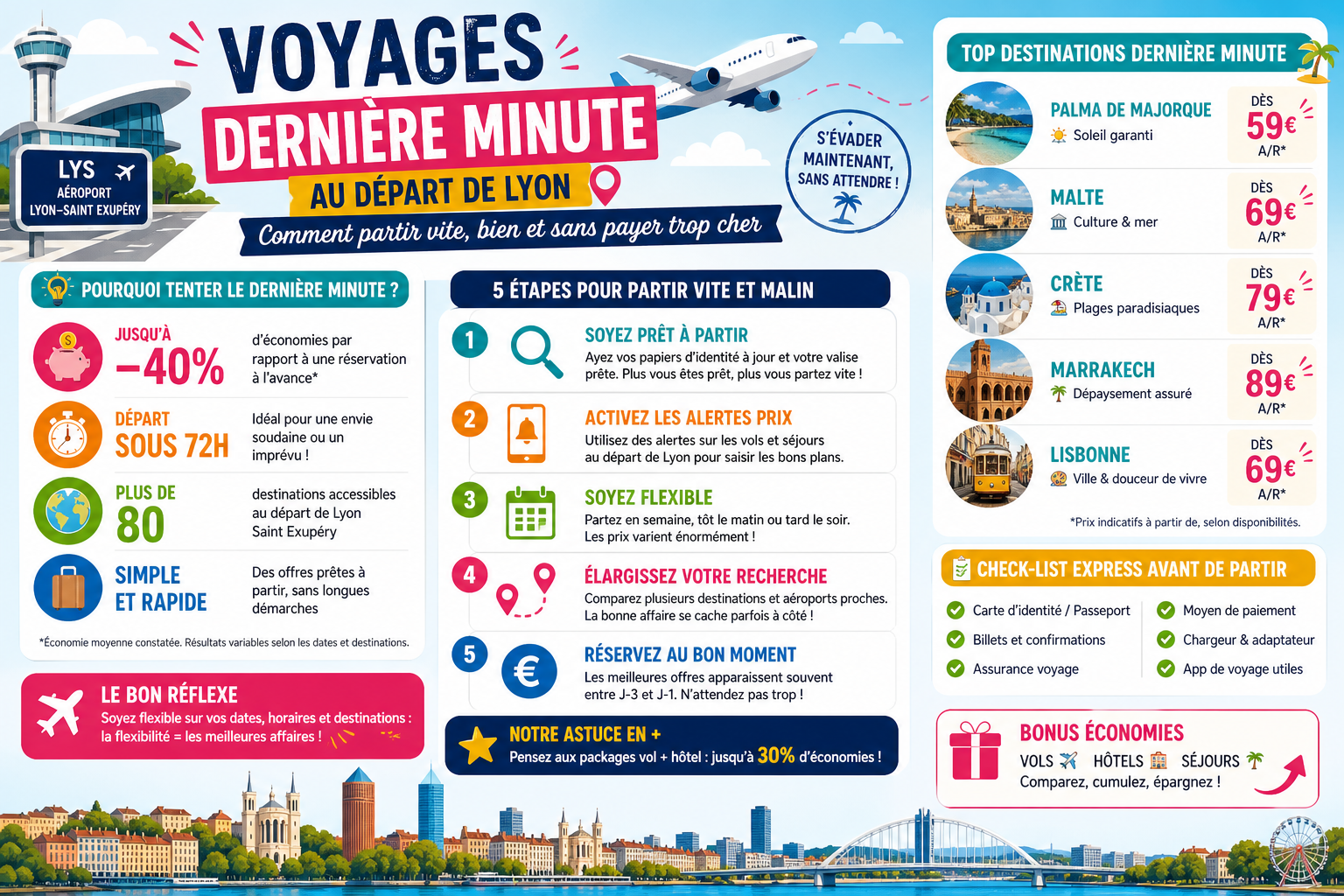 Infographie : Voyages dernière minute au départ de Lyon : comment partir vite, bien et sans payer trop cher