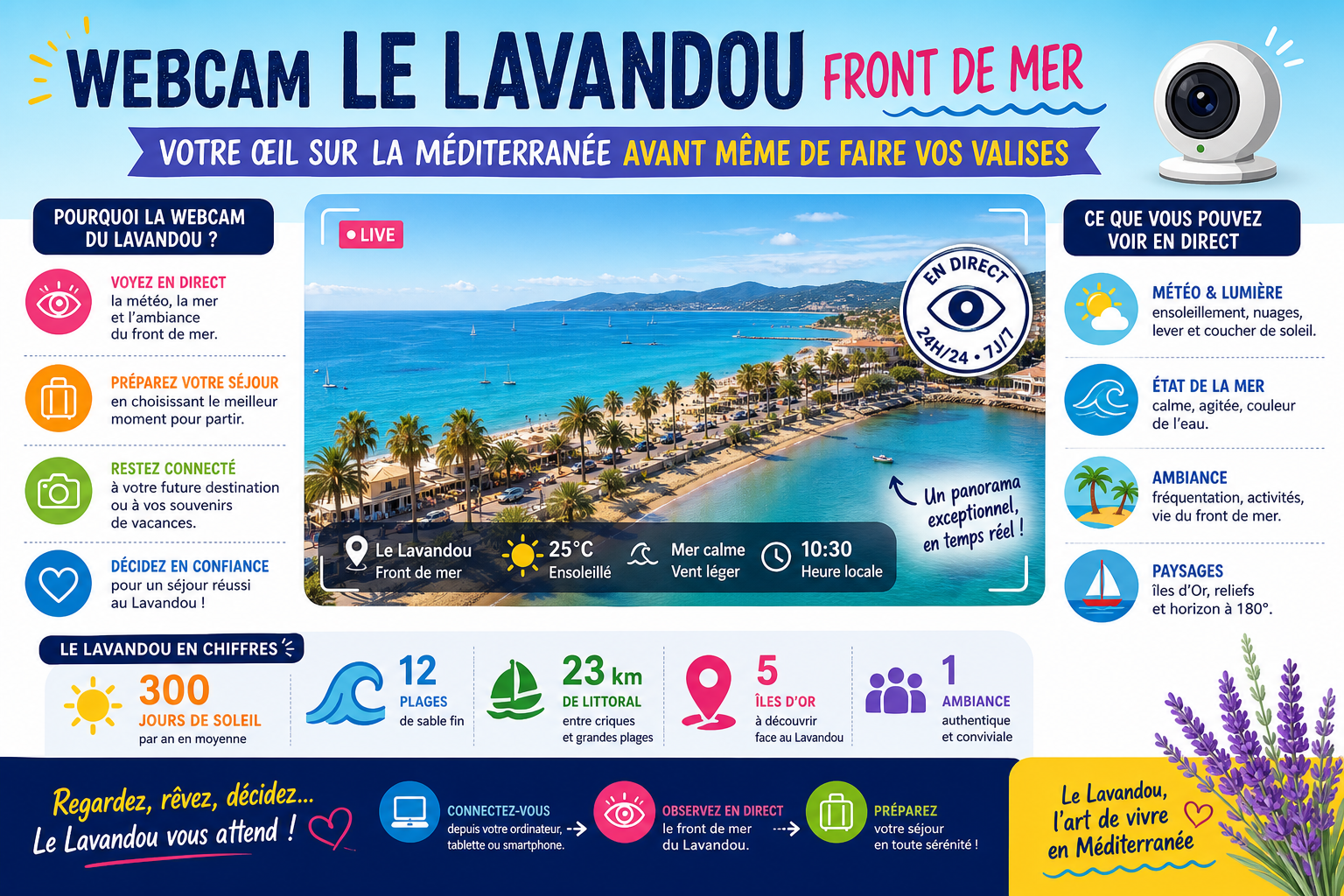 Infographie : Webcam Le Lavandou front de mer, votre œil sur la Méditerranée avant même de faire vos valises