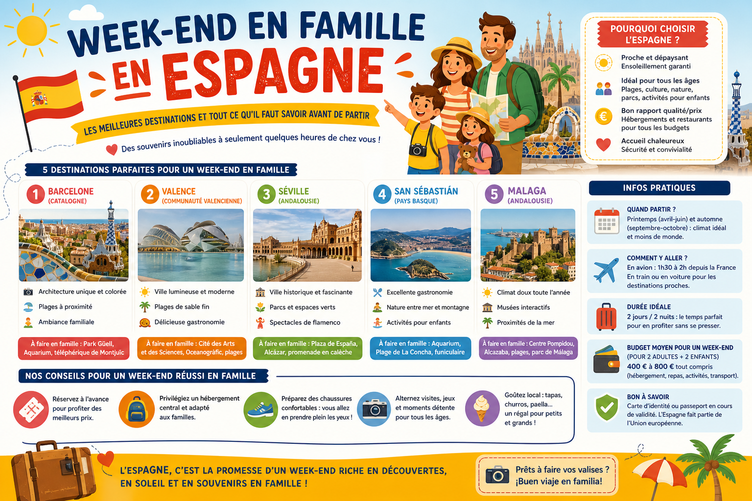 Infographie : Week-end en famille en Espagne : les meilleures destinations et tout ce qu'il faut savoir avant de partir