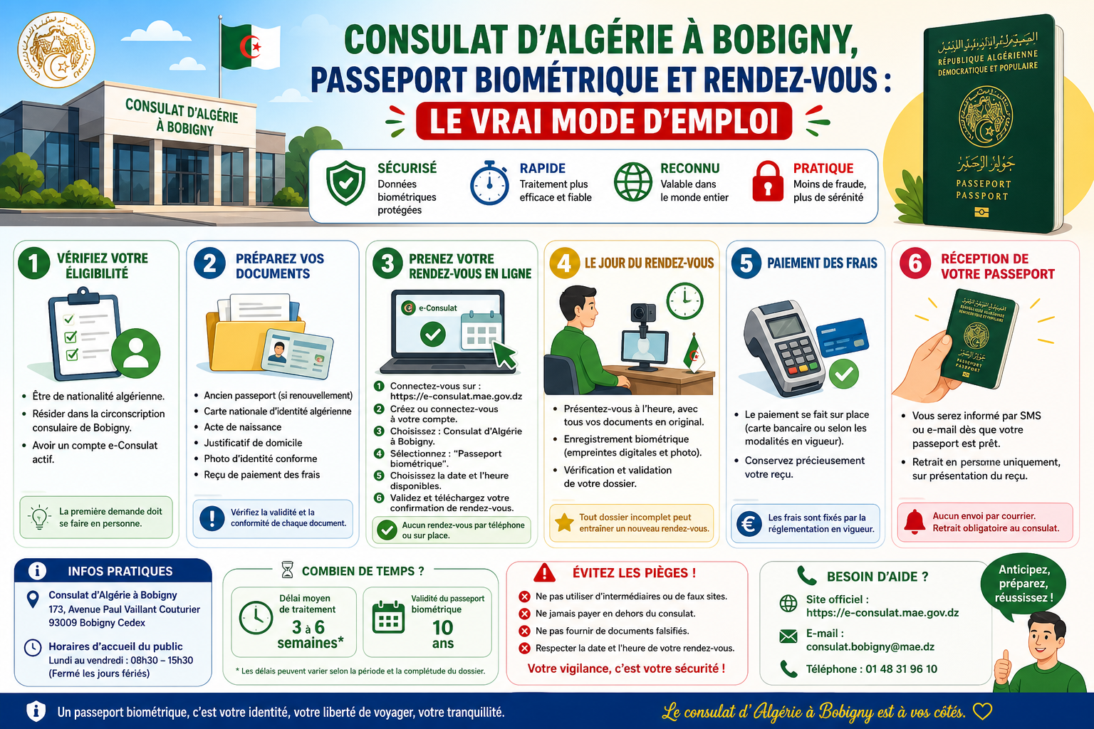 Infographie : Consulat d'Algérie à Bobigny, passeport biométrique et rendez-vous : le vrai mode d'emploi