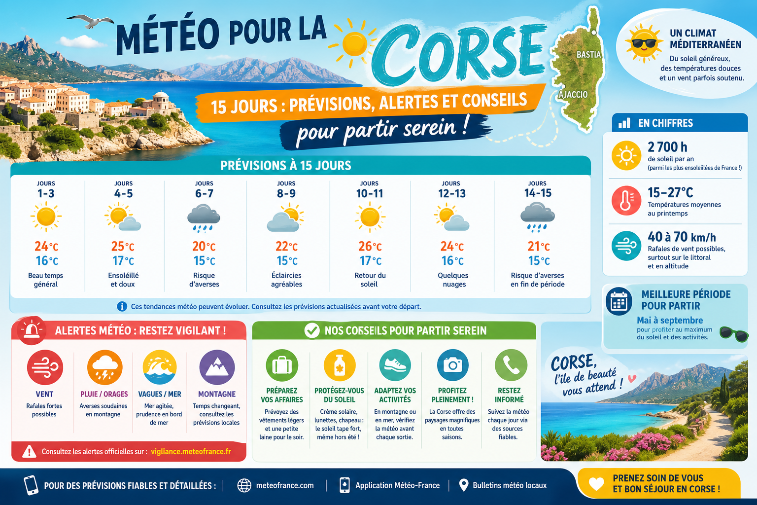 Infographie : Météo pour la Corse pour 15 jours : prévisions, alertes et conseils pour partir serein