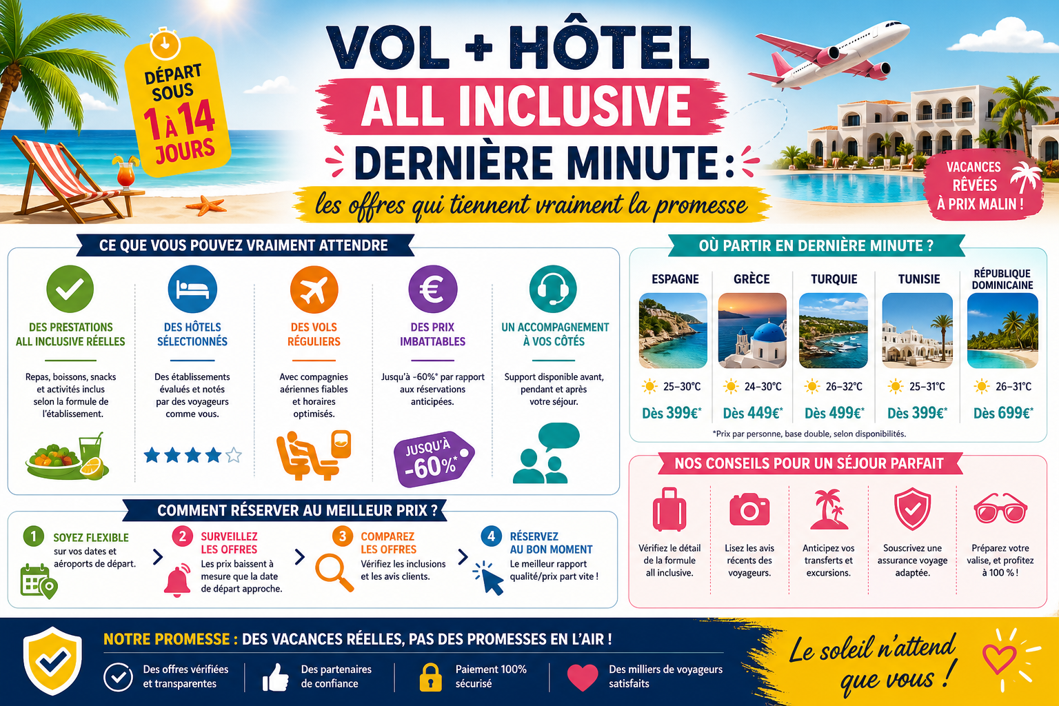 Infographie : Vol + hôtel all inclusive dernière minute : les offres qui tiennent vraiment la promesse