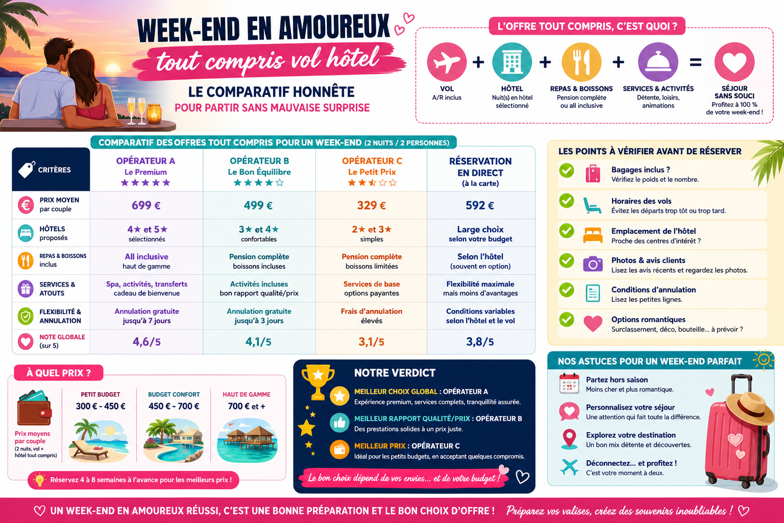 Infographie : Week-end en amoureux tout compris vol hôtel : le comparatif honnête pour partir sans mauvaise surprise