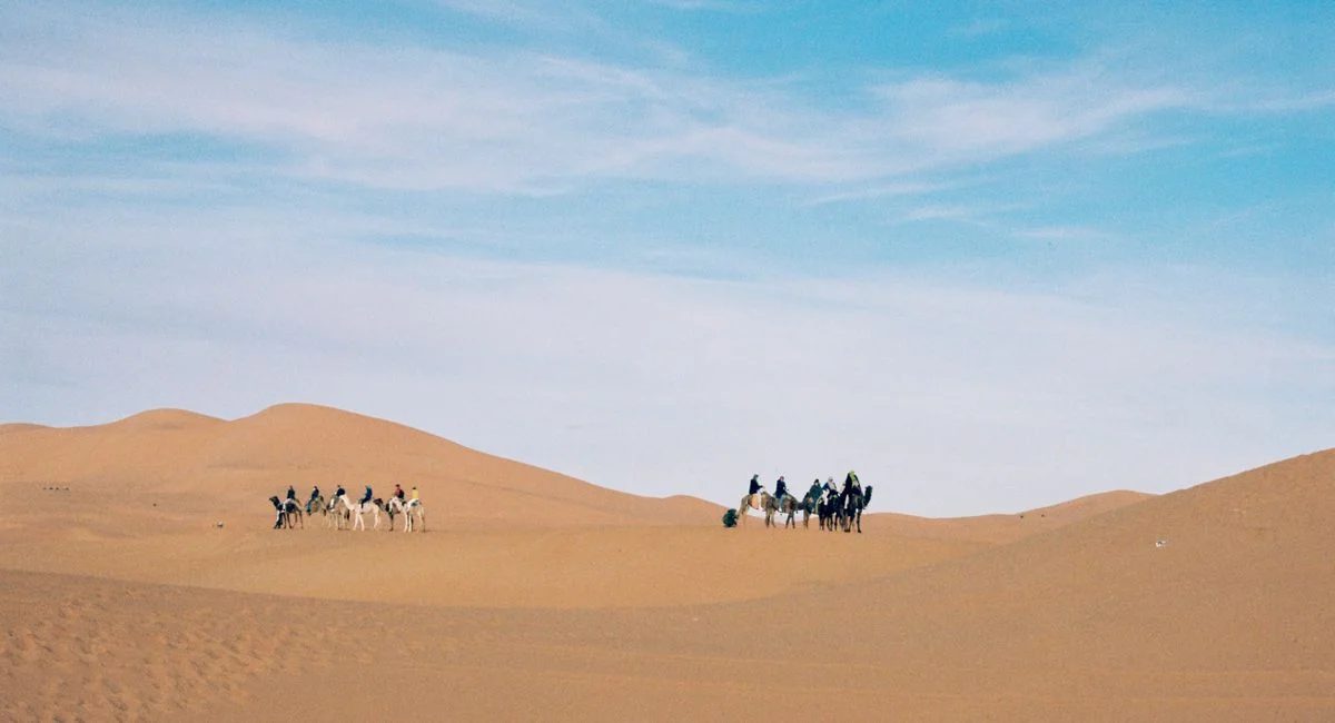 A group of people riding camels journey across vast golden desert dunes under a bright blue sky.